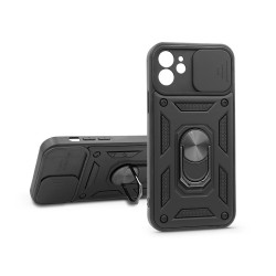 Apple iPhone 12 ütésálló hátlap gyűrűvel és kameravédővel - Slide Armor - fekete