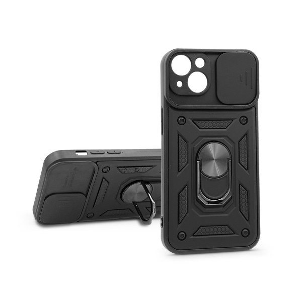 Apple iPhone 13 ütésálló hátlap gyűrűvel és kameravédővel - Slide Armor - fekete
