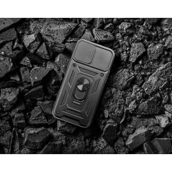 Apple iPhone 15 ütésálló hátlap gyűrűvel és kameravédővel - Slide Armor - fekete