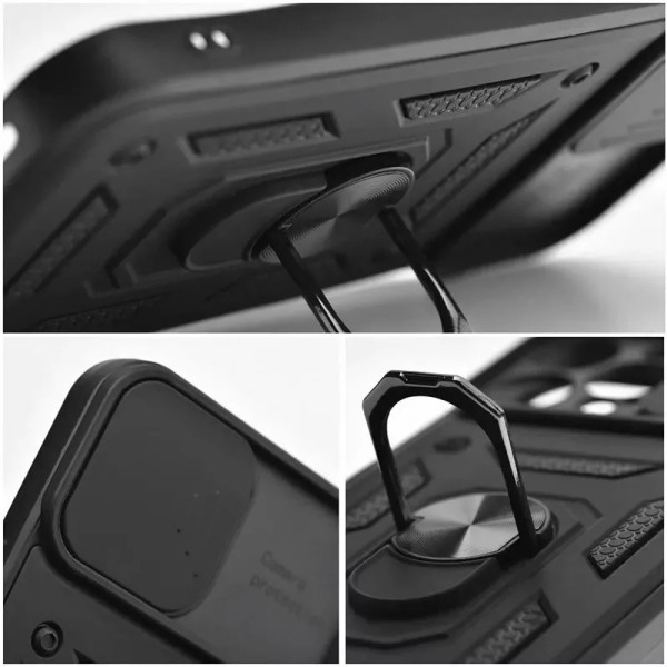 Apple iPhone 15 ütésálló hátlap gyűrűvel és kameravédővel - Slide Armor - fekete
